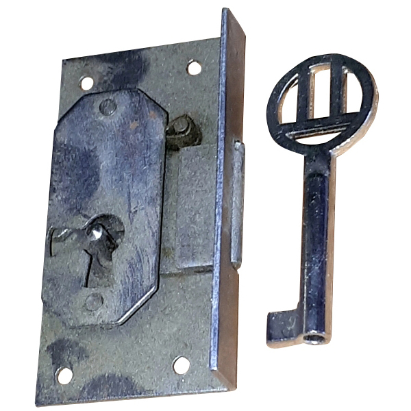 Einlassschloß, Eisen blank mit vernickeltem Schlüssel, Dorn 21mm links, antik, alt