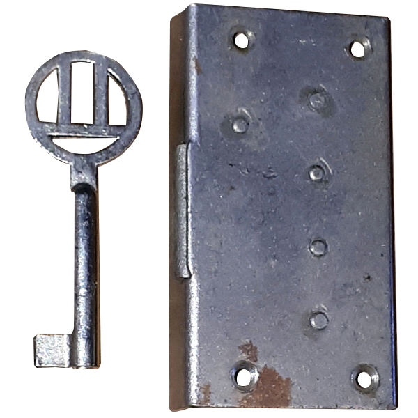 Einlassschloß, Eisen blank mit vernickeltem Schlüssel, Dorn 21mm links, antik, alt Bild 2