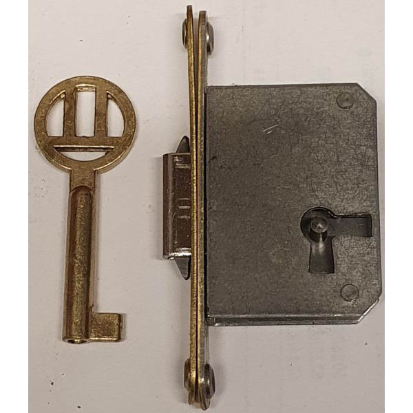 Einsteckschloß, Rollladenschloss mit vernickeltem Schlüssel und Schließblech, mit Messingstulpe 70x10mm, Dorn 20mm, rechts Bild 2