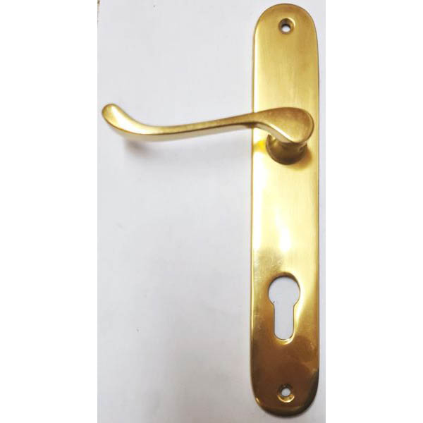 Drücker mit Schild, drehbar gelagert, linkszeigend, Jugendstil, Messing poliert, PZ78, nur 1 x verfügbar