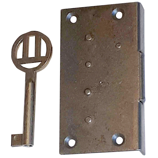 Einlassschloß, Eisen blank mit vernickeltem Schlüssel, Dorn 20mm rechts, antik, alt Bild 2
