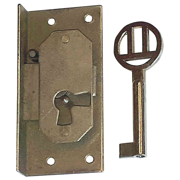 Einlassschloß, Eisen blank mit vernickeltem Schlüssel, Dorn 17mm rechts, antik, alt. Nur noch 2 Stück verfügbar.