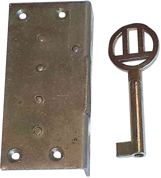 Einlassschloß, Eisen blank mit vernickeltem Schlüssel, Dorn 17mm rechts, antik, alt Bild 2