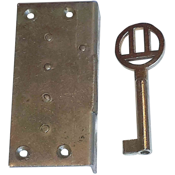 Einlassschloß, Eisen blank mit vernickeltem Schlüssel, Dorn 17mm rechts, antik, alt. Nur noch 2 Stück verfügbar. Bild 2