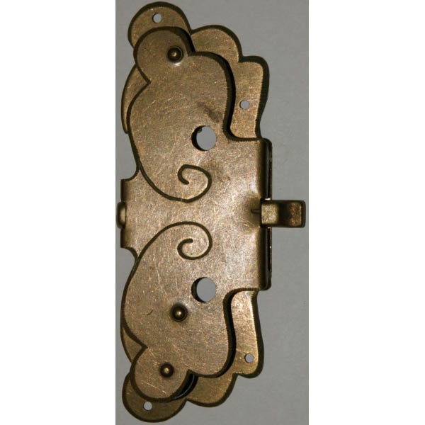 Vitrinenschloss ohne Stulpe, Eisen altvermessingt mit Schlüssel, Dorn 20-25mm, rechts und links verwendbar, mit Schlüssel.