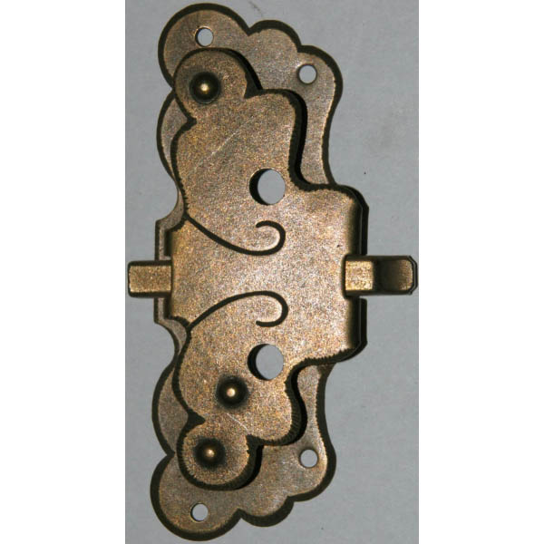 Vitrinenschloss ohne Stulpe, Eisen altvermessingt mit Schlüssel, Dorn 15mm, rechts und links verwendbar, mit Schlüssel.