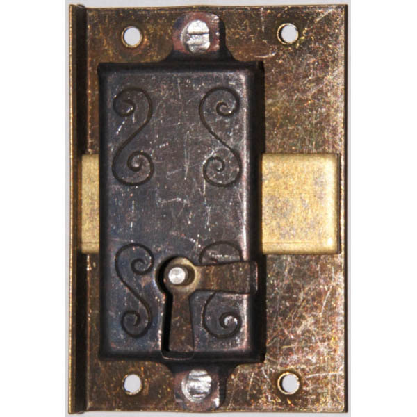 Einlassschloß rechts, altvermessingt, Dorn 20mm, mit Schlüssel aus Eisen Bild 3