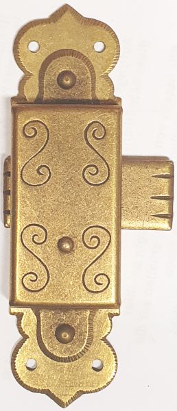 Vitrinenschloss ohne Stulpe, Eisen altvermessingt mit Schlüssel, Dorn 15mm, rechts und links verwendbar, mit Schlüssel.