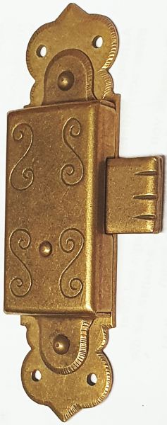Vitrinenschloss ohne Stulpe, Eisen altvermessingt mit Schlüssel, Dorn 15mm, rechts und links verwendbar, mit Schlüssel. Bild 3