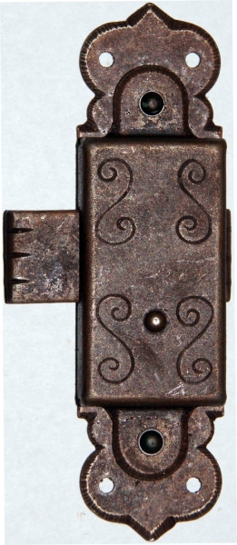 Vitrinenschloss ohne Stulpe, Eisen gerostet mit Schlüssel, Dorn 15mm, rechts und links verwendbar, mit Schlüssel.