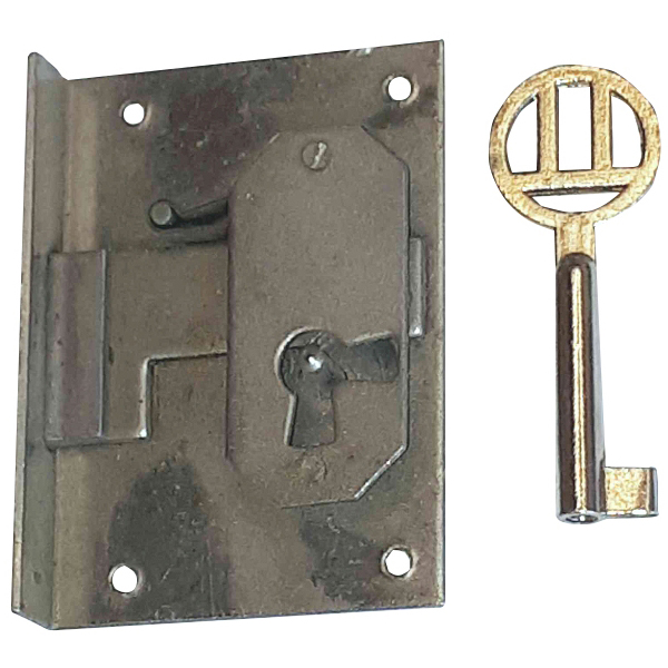 Einlassschloß, Eisen blank mit vernickeltem Schlüssel, Dorn 32mm rechts, antik, alt