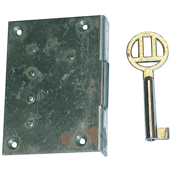Einlassschloß, Eisen blank mit vernickeltem Schlüssel, Dorn 32mm rechts, antik, alt Bild 2
