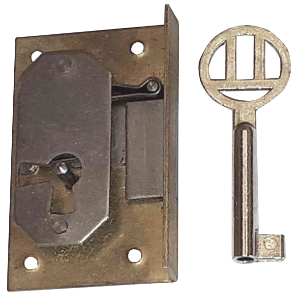 Einlassschloß altes, antikes, Messing roh, mit vernickeltem Schlüssel, Dornmaß 22mm links