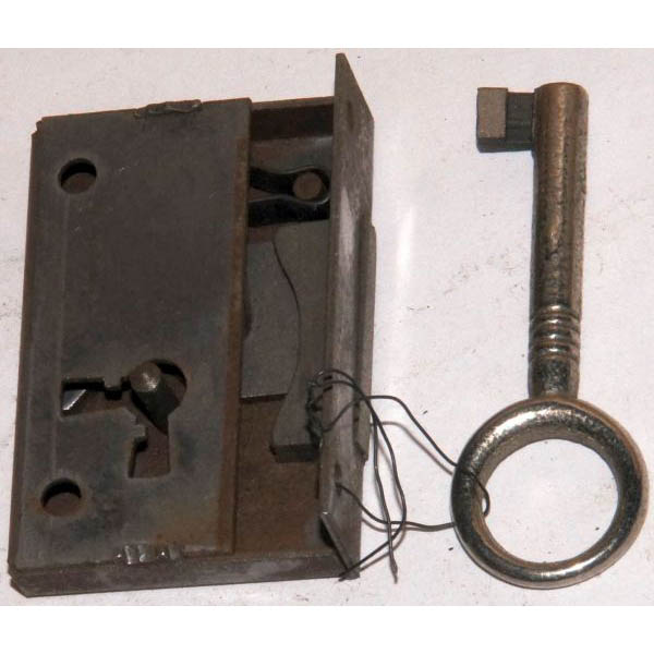 Kastenschloss altes, Eisen blank, Dorn 20mm, links, antik, alt, mit vernickeltem Schlüssel, Einzelstück, nur 1 x verfügbar