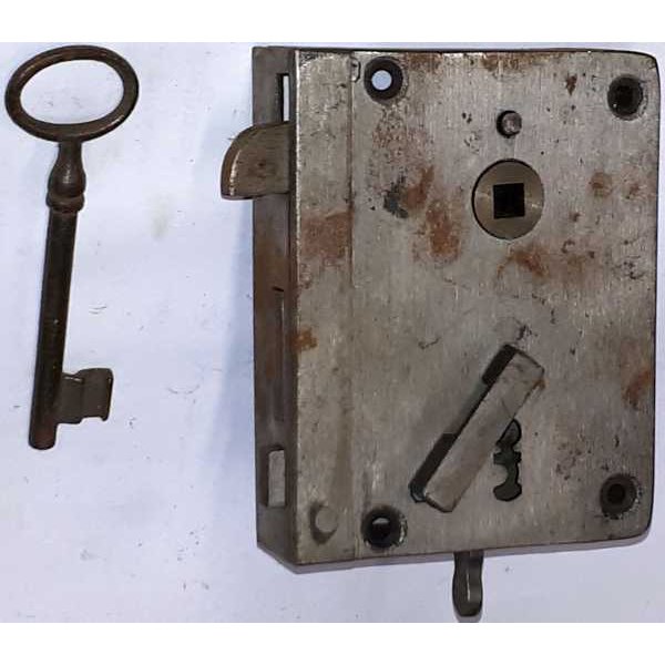 Antikes Kastenschloß Eisen blank, leicht angerostet, original alt, für Türe DIN rechts, einwärts öffnend, Dornmaß: 55mm, mit Schlüssel