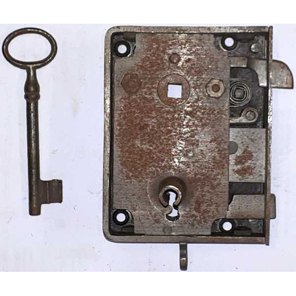 Antikes Kastenschloß Eisen blank, leicht angerostet, original alt, für Türe DIN rechts, einwärts öffnend, Dornmaß: 55mm, mit Schlüssel Bild 2