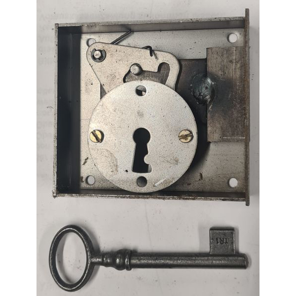 Kastenschloss, Dorn 40mm, links, antik, alt, Eisen roh, mit Schlüssel