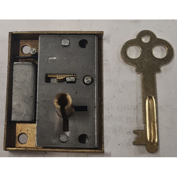 Mini-Kastenschloss, Messing geschliffen, mit vermessingtem Schlüssel, Dorn 22mm rechts, Einzelstück, nur noch 1 x verfügbar