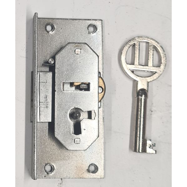 Einlassschloß, Eisen blank mit vernickeltem Schlüssel, Dorn 22mm rechts, antik, alt