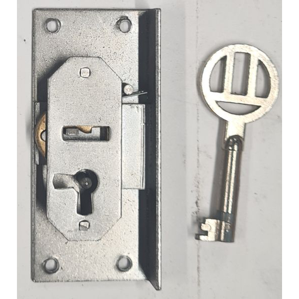 Einlassschloß, Eisen blank mit vernickeltem Schlüssel, Dorn 10mm links, antik, alt, nur noch 2 Stück verfügbar