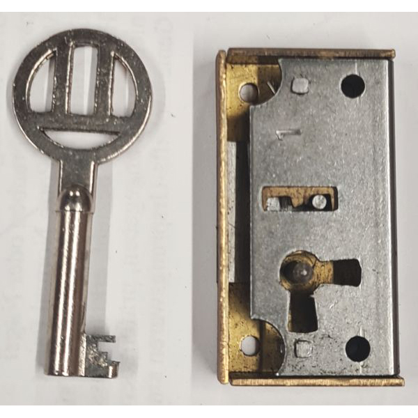 Mini-Kastenschloss, Messing roh, mit vernickeltem Schlüssel, Dorn 10mm rechts, ohne Stulpe