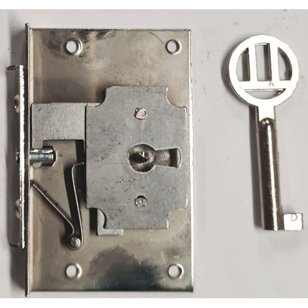 Schatullenschloss, Eisen mit vernickeltem Schlüssel, Dorn 28mm, für Schatullen und kleine Truhen