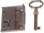 Mini-Kastenschloss, Eisen blank, mit vernickeltem Schlüssel, Dorn 28mm links