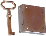 Mini-Kastenschloss, Eisen blank, mit vernickeltem Schlüssel, Dorn 28mm links