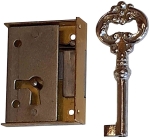 Mini-Kastenschloss, Messing roh, mit Schlüssel, Dorn 21mm links
