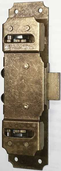 Drehstangenschloss antik für Kleiderschrank, Eisen altvermessingt, mit Stangen, Zubehör und Schlüssel komplett, Dorn 25mm
