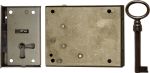 Kastenschloss antik, alt, Eisen blank, mit Schlüssel, Dornmaß 40mm rechts