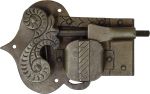 Schrankschloss mit Stulpe, Eisen gerostet und gewachst, mit Schlüssel, Dorn 50mm rechts
