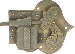 Schrankschloss mit Stulpe, Messing patiniert, mit Schlüssel, Dornmaß 30mm, links