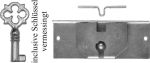 Einlaßschatullenschloß, in hellvermessingt, mit antikem Schlüssel, Dorn 14mm. Für kleine Truhen oder Schmuckkästchen