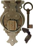 Antik Truhenschloß historisches, altes mit Haken und Schlüssel, Eisen gerostet, Dornmaß 80mm, Mittelalter Truhenschlösser antike alte