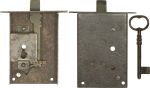 Kastenschloss antik, alt, Eisen gerostet und gewachst, mit Schlüssel, Dorn 80mm für Schublade, Schnappriegel
