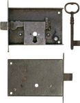 Kastenschloss antik aus Eisen gerostet und gewachst, mit Schlüssel, Dorn 90mm rechts, Schnappriegel