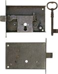 Kastenschloss alt, Eisen gerostet und gewachst, mit Schlüssel, Dornmaß 60mm rechts, Schnappriegel