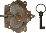 Schrankschloss, Eisen gerostet und gewachst mit Schlüssel, Dorn 55mm links