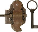 Vitrinenschloss antik, alt, Eisen gerostet und gewachst mit Schlüssel, Dorn 40mm links