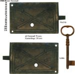 Schrankschloss rustikal, Eisen gerostet und gewachst, Dornmaß 100mm links