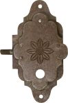 Vitrinenschloss, Eisen gerostet und gewachst ohne Stulpe, 15 mm Dornmaß links, antik