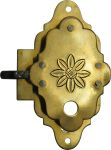 Vitrinenschloss, Messing roh ohne Stulpe, 15 mm Dornmaß links. Gestanzt aus Blech, geprägt, handmontiert