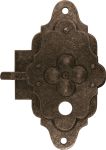 Vitrinenschloss, Eisen gerostet und gewachst mit Stulpe, 15 mm Dornmaß links