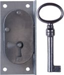 Einlassschloß antik, Eisen blank, mit Schlüssel, Dornmaß 25mm links