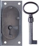 Einlaßschloß alt, Eisen blank, mit Schlüssel, Dorn 25mm rechts