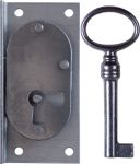 Einlassschloß klein aus Eisen blank, mit Schlüssel, Dornmaß 20mm rechts