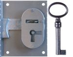 Einlaßschloß antikes, Eisen blank, mit Schlüssel, Dorn 35mm rechts