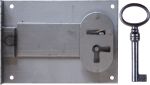 Einlassschloß, Eisen blank, mit historischem Schlüssel, Dornmaß 80mm rechts