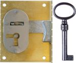Einlassschloß für Antiquitäten, Messing roh, mit Schlüssel, Dorn 40mm links